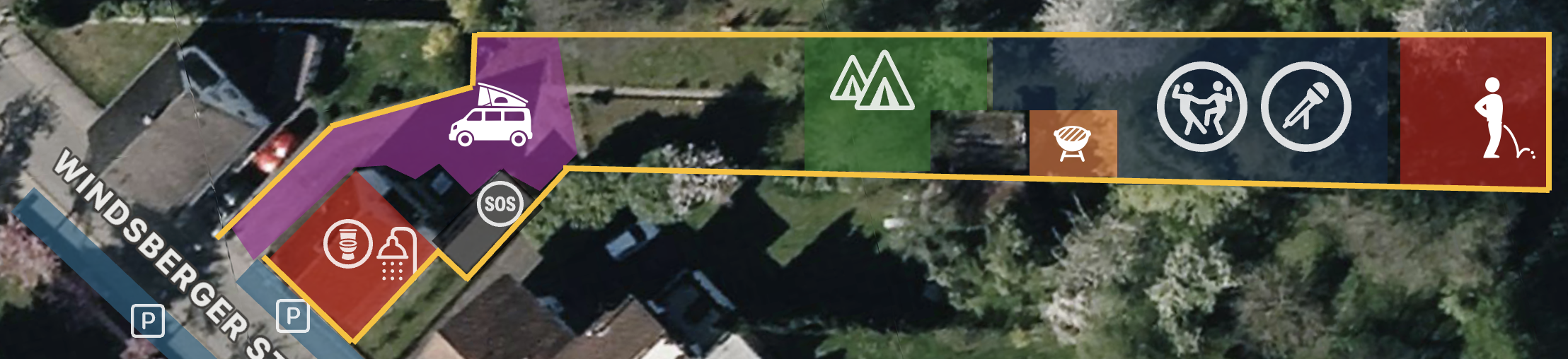 Sebival Geländeplan — Übersicht von Camping, Bar, Grill, Flunkyball-Arena, Parken, WC/Dusche und SOS-Punkt.